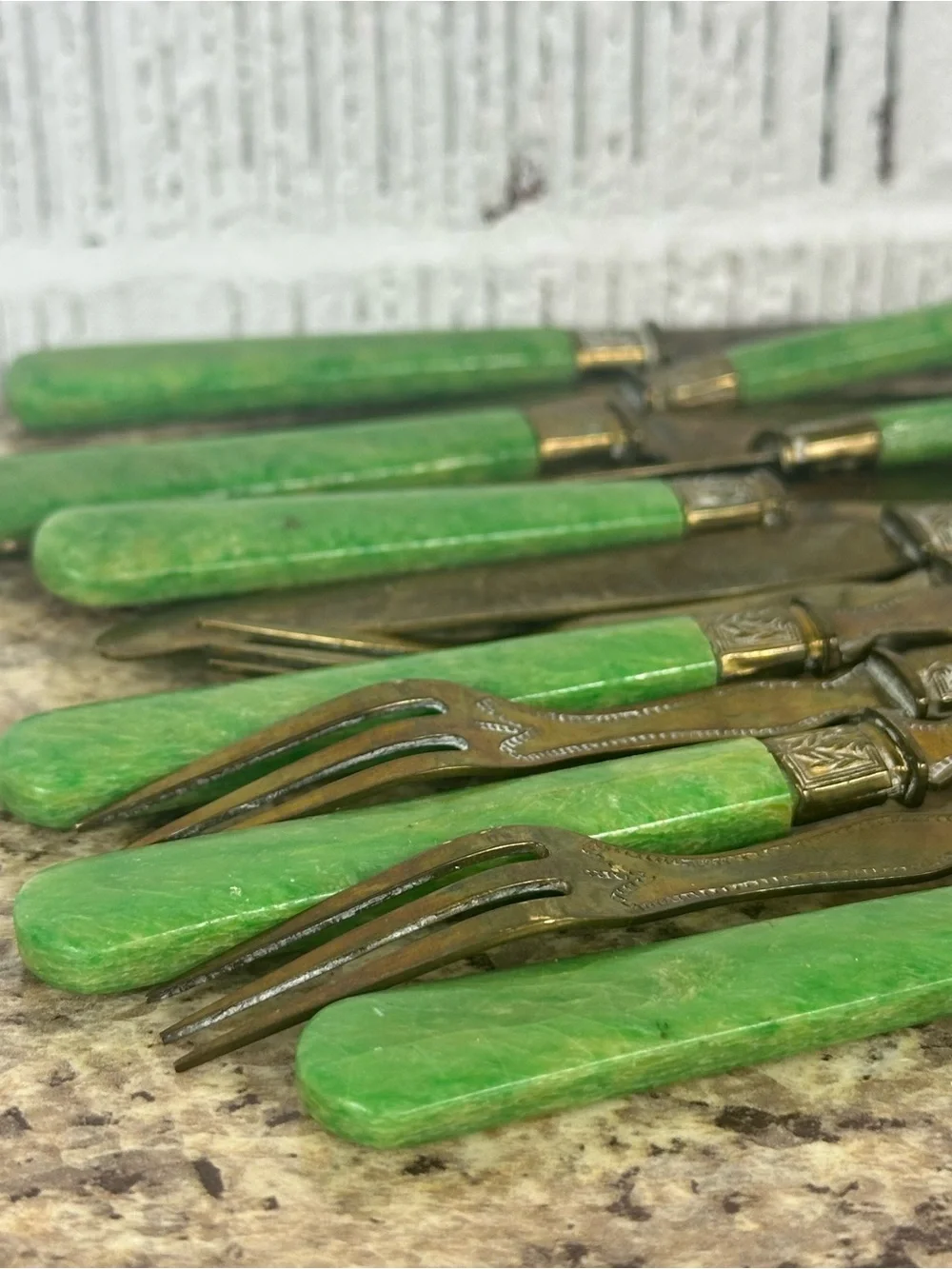Set of 12 Antique French Vermeil Green Handle Fruit Service Flatware Fork Knife